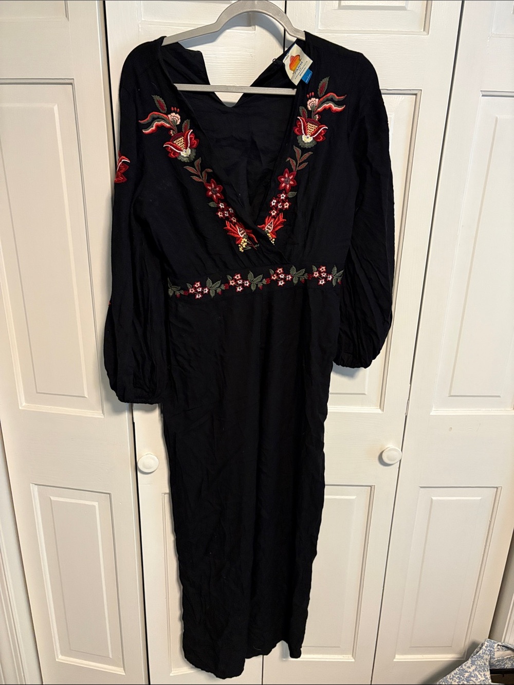 FARM Rio Black Embroidered V-Neck Jumpsuit with Red Floral Accents